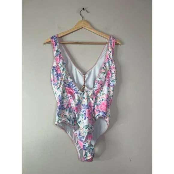 NWT LoveShackFancy Primrose Berry Mikkel Floral One-Piece Swimsuit Pink Size: L